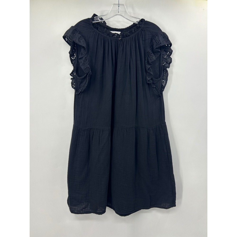 Velvet by Graham & Spencer Black Cotton Gauze Tiered Eyelet Lace Mini Dress L